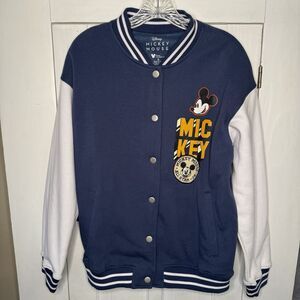 NEW! Disney Mickey Mouse Adult Sm Blue Bomber Varsity Snap Closure Pocket Jacket